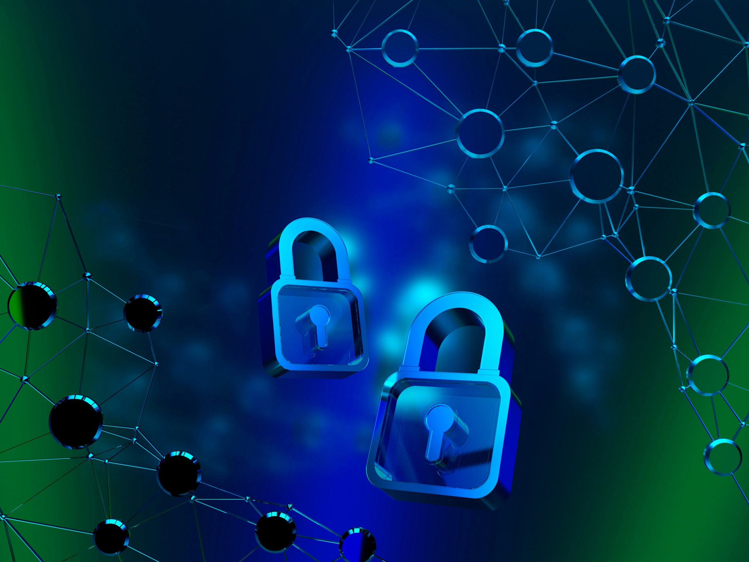 Abstract blue-green network with interconnected nodes and a prominent padlock, symbolizing cybersecurity.